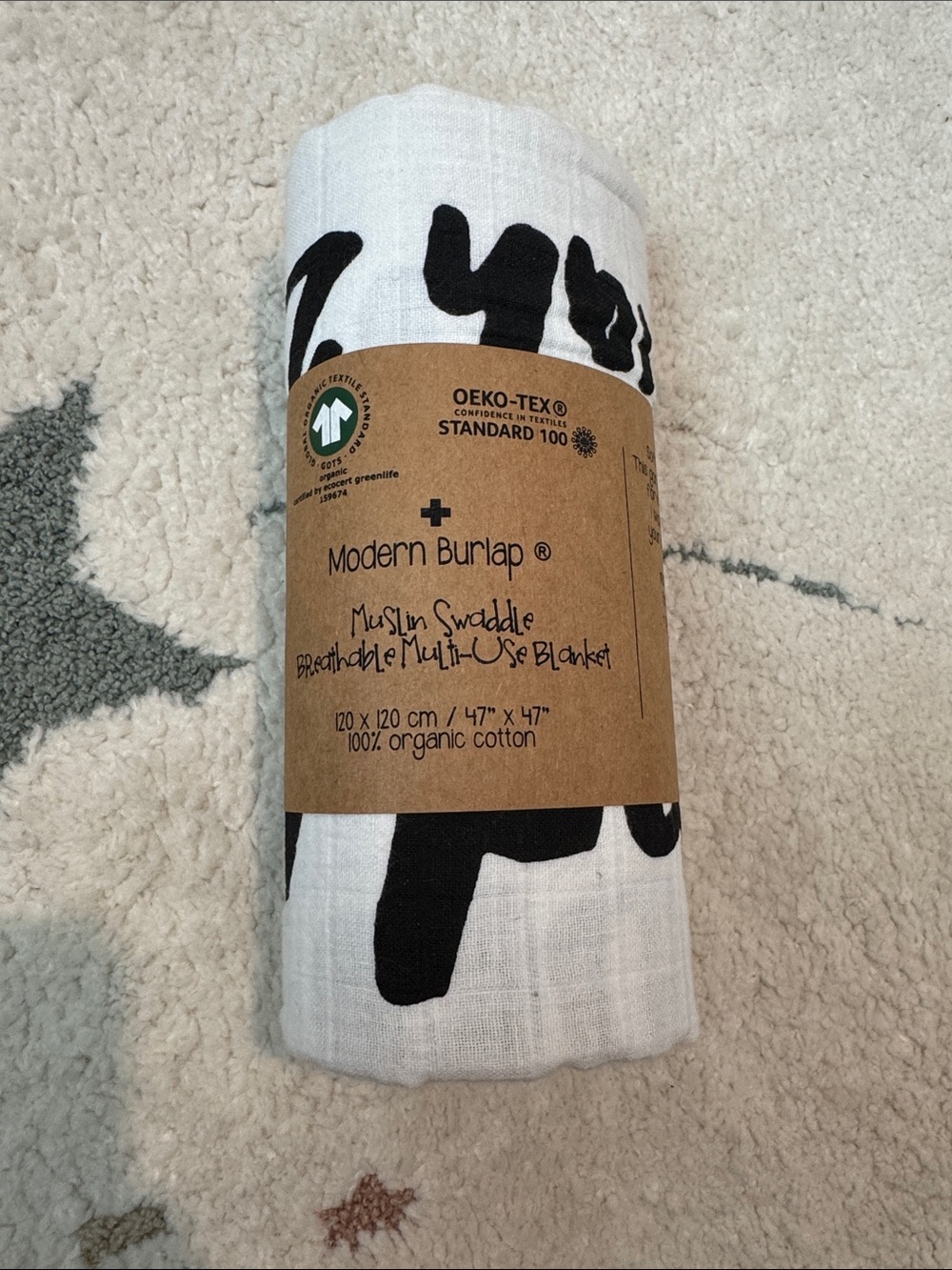 Modern Burlap Muslin Swaddle Blanket - White with Black Print